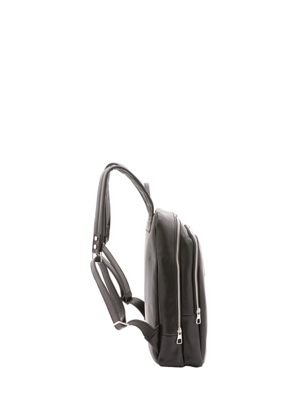 Unisex-Rucksack mit Reißverschluss. eine offene Innentasche. zwei vordere Außentaschen mit Reißverschluss. verstellbarer Schultergurt aus Leder. im Ledergriff. ein Innenfach.  Außenmaterial. Innen mit Baumwolle gefüttert. Maße: 39x29x10 cm. Hergestellt in Italien