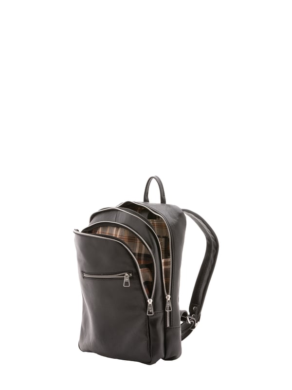 Unisex-Rucksack mit Reißverschluss. eine offene Innentasche. zwei vordere Außentaschen mit Reißverschluss. verstellbarer Schultergurt aus Leder. im Ledergriff. ein Innenfach.  Außenmaterial. Innen mit Baumwolle gefüttert. Maße: 39x29x10 cm. Hergestellt in Italien