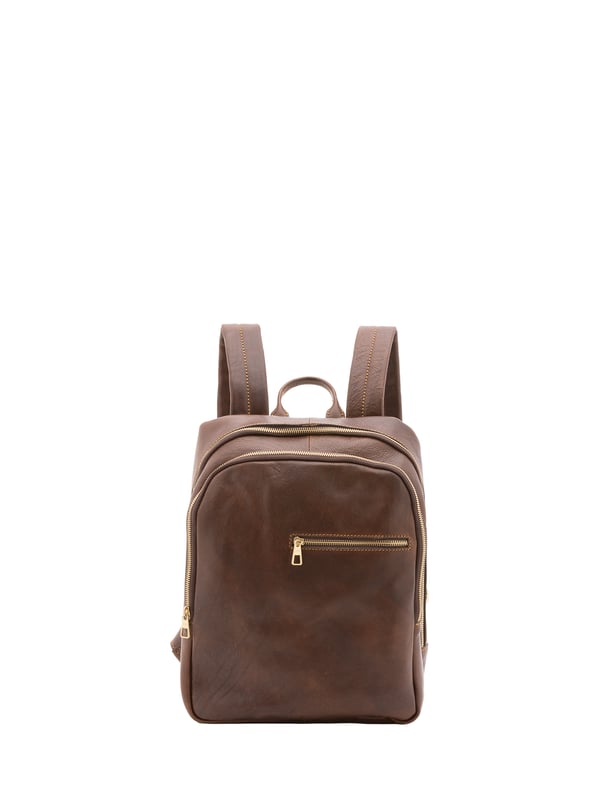 Unisex rugzak met ritssluiting. één open binnenzak. twee voorvakken met ritssluiting aan de buitenkant. verstelbaar in lederen schouderband. met leren handvat. een binnencompartiment.  extern materiaal. gevoerd met katoenen binnenkant. Afmetingen: 39x29x10 cm. Gemaakt in Italië