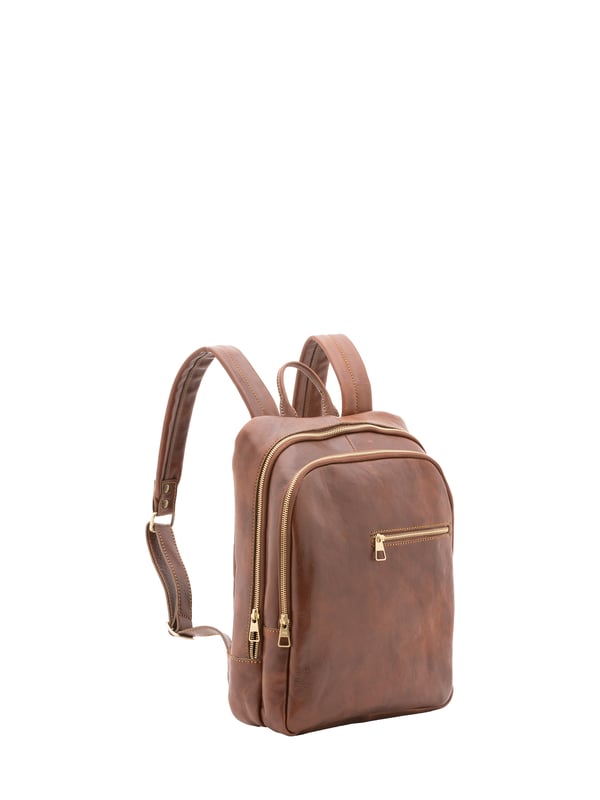 Unisex-Rucksack mit Reißverschluss. eine offene Innentasche. zwei vordere Außentaschen mit Reißverschluss. verstellbarer Schultergurt aus Leder. im Ledergriff. ein Innenfach.  Außenmaterial. Innen mit Baumwolle gefüttert. Maße: 39x29x10 cm. Hergestellt in Italien