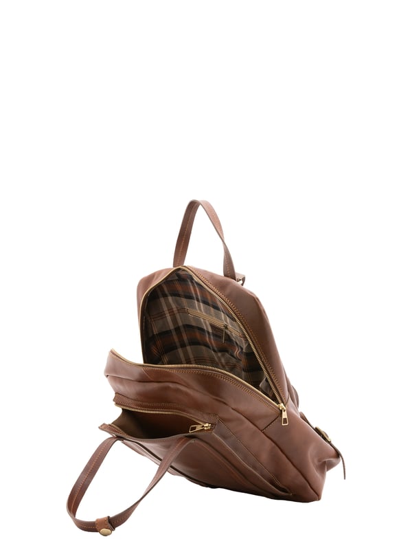 Unisex-Rucksack mit Reißverschluss. Multifunktionstaschen Innentaschen. eine Vorderseite mit Außentaschen mit Reißverschluss. verstellbarer Schultergurt aus Leder. im Ledergriff. ein Innenfach.  Außenmaterial. Innen mit Baumwolle gefüttert. Maße: 43x33x11 cm. Hergestellt in Italien