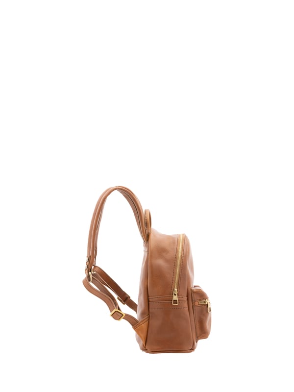 Unisex-Rucksack mit Reißverschluss. eine offene Innentasche. eine Vorderseite mit Außentaschen mit Reißverschluss. verstellbarer Schultergurt aus Leder. im Ledergriff. ein Innenfach.  Außenmaterial. Innen mit Baumwolle gefüttert. Maße: 23x29x13 cm. Hergestellt in Italien