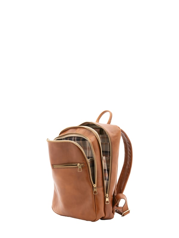 Alessia Firenze Rucksack Unisex Unisex-Rucksack mit Reißverschluss. eine offene Innentasche. zwei vordere Außentaschen mit Reißverschluss. verstellbarer Schultergurt aus Leder. im Ledergriff. ein Innenfach. Außenmaterial. Innen mit Baumwolle gefüttert. Maße: 39x29x10 cm. Hergestellt in Italien