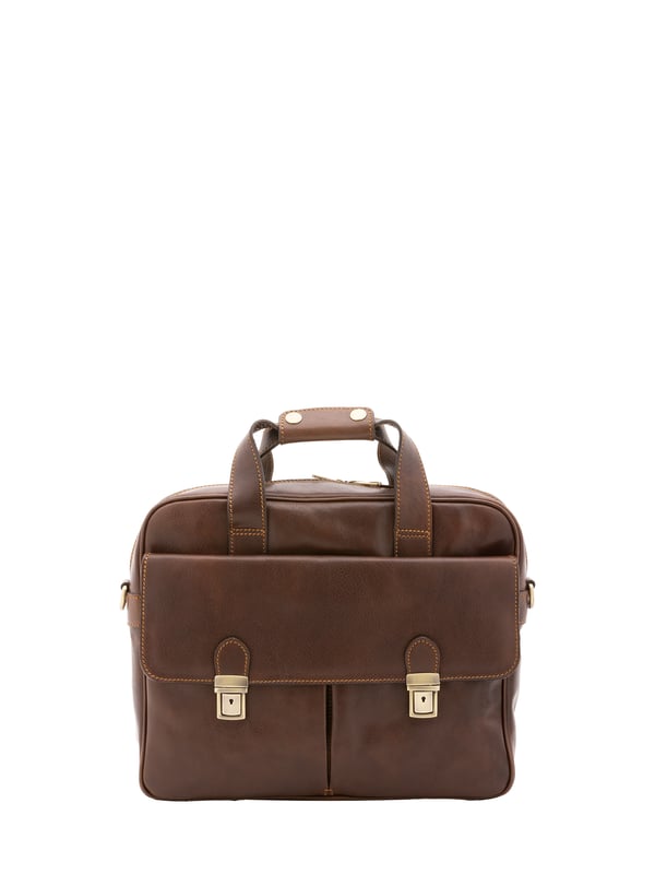 Bolso unisex. El cierre es con cremallera. Los bolsillos internos son uno con cremallera. Los bolsillos externos son dos delanteros con broches y uno trasero con cremallera. La bandolera es ajustable y extraíble en piel. El mango es de piel. Hay tres compartimentos internos. El material exterior es 100% Piel Auténtica. Internamente está forrado en algodón. Medidas: 38x36x10 cm. Hecho en Italia