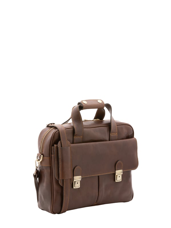 Bolso unisex. El cierre es con cremallera. Los bolsillos internos son uno con cremallera. Los bolsillos externos son dos delanteros con broches y uno trasero con cremallera. La bandolera es ajustable y extraíble en piel. El mango es de piel. Hay tres compartimentos internos. El material exterior es 100% Piel Auténtica. Internamente está forrado en algodón. Medidas: 38x36x10 cm. Hecho en Italia