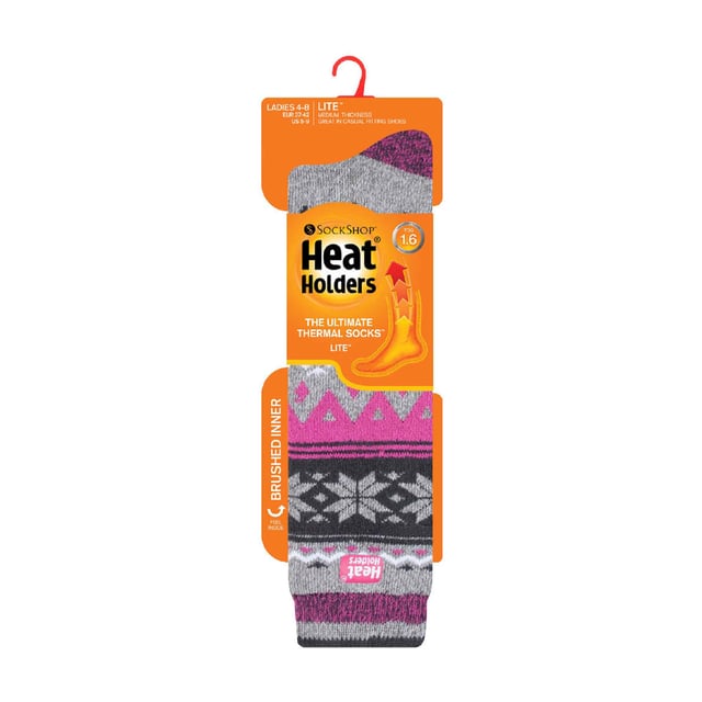 Ladies Heat Holders Lite Long Socks: The new Heat Holders Lite Sock is here! Now with an extra long style! Heat Holders' creators have listened to customers calls to create a thermal sock that isn't so chunky, now Heat Holders can fit into a normal dress shoe or trainer. But, a solid tog rating of 1.6 means your feet can still be extremely warm! With many fabulous marl twist styles to pick from, your feet will be elegant and warm at the same time, now who wouldn't want that?. This version of the Heat Holders Lite socks are extra long, coming just below the knee, giving you more warmth for your whole leg. Main Features. Heat Holders Yarn - Our Specially developed thermal yarn provides high performance insulation against cold with superior moisture breathing abilities. Heat Holders Loops - Innovative knitting technology produces our unique, extra long looped cushion pile to hold in more warm air, increasing the TOG rating. Heat Holders Brushing -Finally, our expert brushing process maximises the amount of warm air held inside each sock for total warmth and all day comfort. Heat Holders Lite Long Tog rating - These socks are scientifically tested to be 5x Warmer than a basic cotton sock, with a tog rating of 1.6. This new version of Heat Holders solves the 'to thick' element to the original Heat Holders . These socks are made from 91% Acrylic, 5% Nylon, 3% Polyester, 1% Elastane, are Ladies size 4-8 UK
