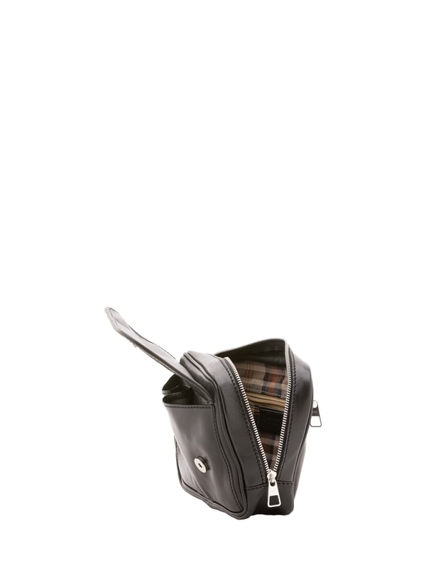 Bolso de mano unisex. El cierre es con cremallera. Los bolsillos internos son uno con cremallera. Los bolsillos externos son uno delantero con botón magnético y otro trasero con cremallera. Falta la correa para el hombro. El mango es de piel. Hay un compartimento interno. El material exterior es 100% Piel Auténtica. Internamente está forrado en algodón. Medidas: 24x20x6 cm. Hecho en Italia