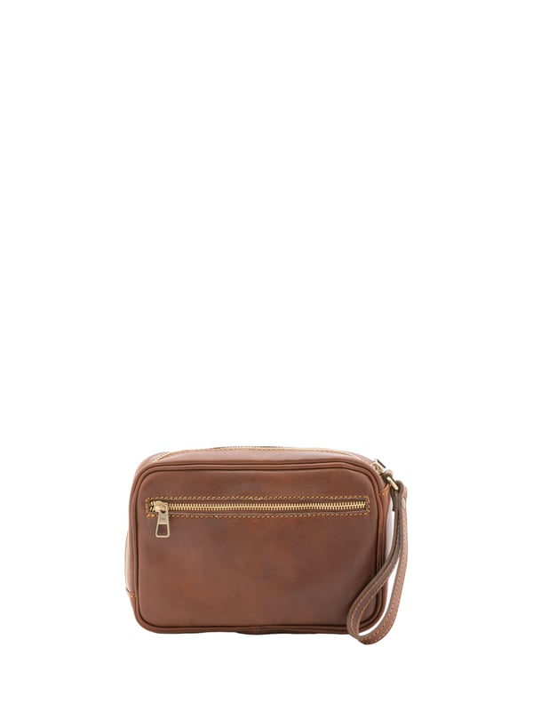 Bolso de mano unisex. El cierre es con cremallera. Los bolsillos internos son uno con cremallera. Los bolsillos externos son uno delantero con botón magnético y otro trasero con cremallera. Falta la correa para el hombro. El mango es de piel. Hay un compartimento interno. El material exterior es 100% Piel Auténtica. Internamente está forrado en algodón. Medidas: 24x20x6 cm. Hecho en Italia