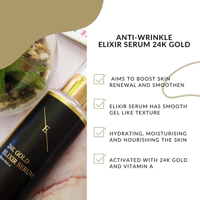 Elevate your skincare routine with our Anti-Wrinkle Elixir Serum 24k Gold, a luxurious 60ml treatment formulated to combat signs of aging and enhance your skin's natural radiance. Infused with pure 24k gold, this serum helps to stimulate collagen production, reduce the appearance of fine lines and wrinkles, and improve skin elasticity. The lightweight, fast-absorbing formula delivers deep hydration and a luminous glow, leaving your skin feeling smooth, firm, and rejuvenated. Ideal for those seeking a youthful, radiant complexion.