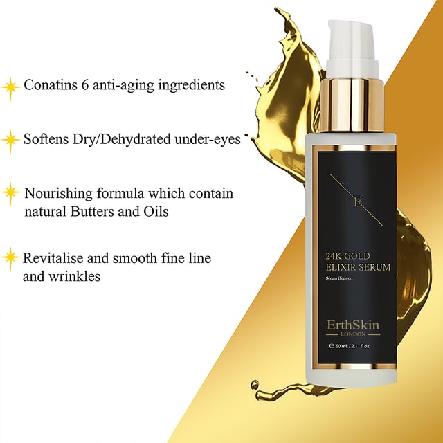Elevate your skincare routine with our Anti-Wrinkle Elixir Serum 24k Gold, a luxurious 60ml treatment formulated to combat signs of aging and enhance your skin's natural radiance. Infused with pure 24k gold, this serum helps to stimulate collagen production, reduce the appearance of fine lines and wrinkles, and improve skin elasticity. The lightweight, fast-absorbing formula delivers deep hydration and a luminous glow, leaving your skin feeling smooth, firm, and rejuvenated. Ideal for those seeking a youthful, radiant complexion.