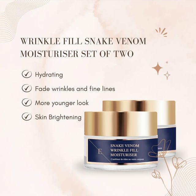 Wrinkle Fill Snake Venom Moisturiser
Wrinkle Fill Snake Venom Moisturiser contains synthetic snake venom peptide that is designed to relax expression lines that are known to cause wrinkles. This peptide combined with hydration boosting hyaluronic acid and collagen together aims to make the skin look visibly smoother, younger and plumper.
Snake Venom Peptide
Snake Venom Peptide Snake Venom Peptide is a synthetic peptide that replicates the effects of Waglerin 1, component that is found in the poisonous Temple Viper snake. It works by reducing muscular contractions in the face and reduces cell movement; thereby keeping the skin smooth and aiming to reduce wrinkles and fine lines.

Hyaluronic Acid

Hyaluronic Acid is naturally found in our skin, as we age our body's natural production of hyaluronic acid slows down. Hyaluronic acid is a key element making the skin looking plump and youthful as it hold moisture 1000 times its own weight. Our hyaluronic acid is called Sodium Hyaluronate and it is smaller size of hyaluronic acid that is able to penetrate and hydrate more deeper levels of the skin than normal hyaluronic acid.
Argan Oil
Almond Oil
Vitamin E
Shea Butter
Collagen

Collagen is naturally found in our skin and as we age the production of collagen slows down. As an skincare ingredient collagen aims to boost plumpness and the look of the skin by bringing moisture and hydration to the skin.

Directions for use: Apply pea-sized amount of the cream on cleansed face, neckline and neck in the morning.