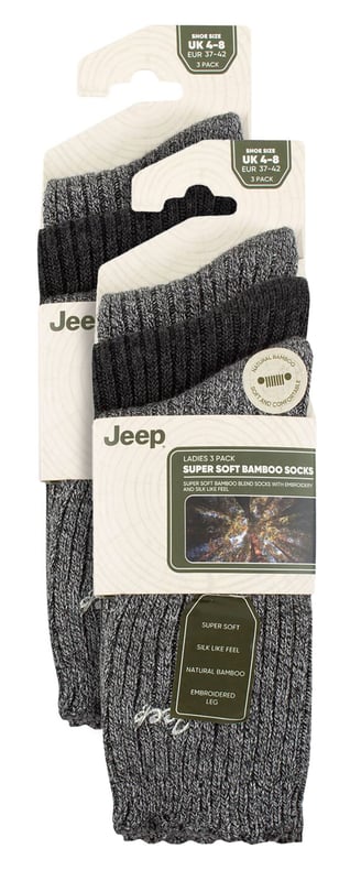 Jeep Ladies 6 Pack Scalloped Cuff Socks: Introducing the Jeep Bamboo Scalloped Top Socks, a delightful triple pack of ladies' socks that exude comfort and elegance. Crafted from an 88% Bamboo, 10% Polyester, and 2% Elastane blend, these socks offer a super-soft and silk-like feel. The fine gauge design features ribbed legs and scalloped edge cuffs for a touch of sophistication. These bamboo socks are not only a treat for the eyes but also a blessing for your feet. Bamboo, known for its gentle nature, suits all skin types, making it a perfect choice for those with sensitivities. The natural properties of bamboo include bacteria and fungal resistance, ensuring freshness throughout wear. Additionally, these socks have superior moisture-absorbing capabilities compared to cotton socks, providing a dry and comfortable feel. Wear these luxurious bamboo socks in any season, as they possess inherent thermoregulating abilities that adapt to changing temperatures. Whether you're donning shoes or boots, these socks promise a great fit and a stylish look. Each pair is elegantly embroidered with a contrasting Jeep logo, completing the perfect trio of colors and comfort. Machine washable at 40°, maintenance is effortless, so you can enjoy the pleasure of these bamboo socks again and again. Treat your feet to the indulgence they deserve with Jeep Bamboo Scalloped Top Socks. Extra Product Details: Delightful ladies' socks with comfort and elegance. 88% Bamboo, 10% Polyester, 2% Elastane blend for a silk-like feel. Gentle on all skin types, perfect for sensitivities. Bacteria and fungal resistant, ensuring lasting freshness. Superior moisture-absorption for a dry, comfortable experience. Inherent thermoregulating abilities for year-round wear. Stylish design with ribbed legs and scalloped cuffs. Effortless maintenance, machine washable at 40°.