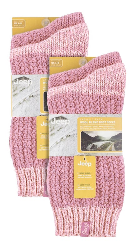 Jeep Ladies 4 Pack Cable Knit Boot Socks: Introducing our Jeep Wool Blend Cable Knit Boot Socks, a cosy and stylish addition to your outdoor and leisure wear. This 4 Pair Pack is designed for women seeking warmth, comfort, and durability in their ankle boots. Crafted from a luxurious blend of 58% Polyester, 26% Wool, 7% Acrylic, 4% Viscose, 4% Polyamide, and 1% Elastane, these socks offer a soft touch and natural warmth. The heavy-knit design and medium thickness ensure a chunky, rustic appearance with traditional knitwear patterns. One pair showcases a flat cable pattern with a diamond design, while the other features a thickly textured, moss stitch ribbed style, offering contrasting yet charming looks. Both pairs boast standard toe seams and crew leg length with lightly elasticated, ribbed cuffs for a comfortable fit. The sophisticated blend of wool, viscose, and synthetics delivers optimal warmth, breathability, durability, and softness for unparalleled comfort. Plus, the machine-washable material makes maintenance a breeze. Embrace winter with confidence and step out in style with our Jeep Wool Blend Cable Knit Boot Socks. Your feet will thank you for the cozy luxury and rugged elegance they provide. Extra Product Details: Cozy & stylish - Upgrade your outdoor wear with our Jeep Wool Blend Cable Knit Boot Socks. Warm & durable - Luxurious blend of wool, polyester, and more ensures natural warmth & lasting quality. Charming patterns - Enjoy flat cable and moss stitch designs for a rustic yet chic look. Comfortable fit - Crew leg length & lightly elasticated cuffs offer a snug feel. Optimal warmth & breathability - Sophisticated blend for unmatched comfort in chilly weather. Easy maintenance - Machine-washable material for convenient care. Rugged elegance - Embrace winter confidently with our stylish and durable boot socks. Happy feet - Treat your feet to cosy luxury and thank them with comfort all day long.
