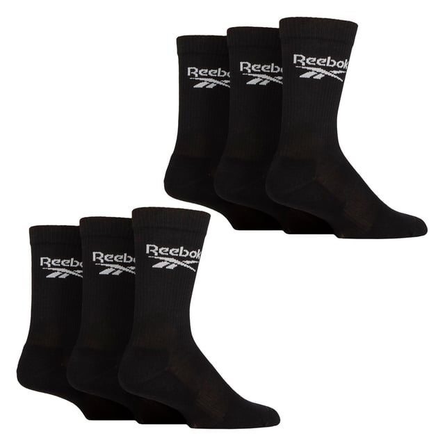 Reebok - 6 Pair Men's & Ladies Core Ribbed Cotton Crew Socks: Reebok Core Ribbed Crew Socks are the perfect addition to your everyday sock collection. With a classic design featuring the iconic Reebok logo, these sporty ribbed leg socks offer a soft, stretchy feel, making them ideal for all-day comfort. The built-in arch support is specially designed to provide a secure, snug fit that conforms to the natural contours of your foot, helping to reduce fatigue and improve stability throughout the day. This makes ribbed socks ideal for maintaining a snug fit around the calf, offering gentle compression that enhances circulation and prevents sagging, which is especially useful during physical activity or long periods of wear. The seamless toe design eliminates the traditional bulky seam found in most socks, reducing the risk of irritation and friction. This feature enhances comfort, particularly during long periods of wear, as it prevents pressure points and chafing around the toes. Ideal for those who prefer an unobtrusive and minimalist style, these socks seamlessly blend into any outfit while maintaining maximum comfort throughout the day. These socks offer a great balance of softness, durability, and flexibility. Available in packs of 6 pairs, they come in Black or White, and three UK sizes: 6-8, 8-10, and 10-12. Made from a breathable cotton blend with 59% Cotton, 36% Polyester, 4% Elastane, and 1% Polyamide they are also machine washable at 40°, making them easy to care for and perfect for everyday wear. Extra Product Details: Reebok Core Crew Socks Arch Support for Snug Fit Cotton Blend Seamless Toe & Cushioned Sole Ribbed Leg for Comfort Available in Black & White Soft and Breathable 6 Pairs Per Pack 3 UK Sizes: 6-8, 8-10, 10-12 Machine Washable