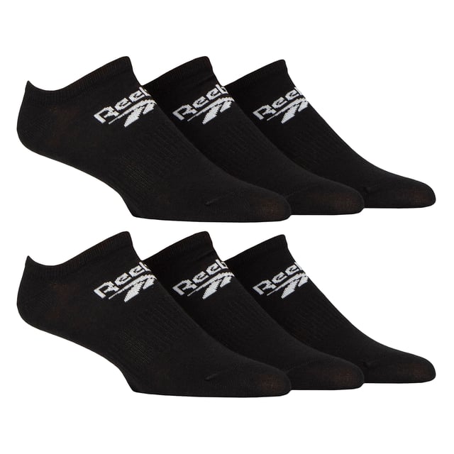Reebok - 6 Pack Men's & Women's Core Cotton Trainer Socks:  Reebok Core Cotton Trainer Socks are meticulously designed for everyday comfort, featuring an innovative under-ankle fit that stays discreetly hidden for that desired sockless appearance. . The low-cut design ensures the socks remain invisible beneath most footwear, giving you a sleek, streamlined look without compromising on comfort. Whether you're heading to the gym, running errands, or enjoying casual outings, these socks provide a snug fit that stays securely in place while offering a breathable, lightweight feel. . Ideal for those who prefer an unobtrusive and minimalist style, these socks seamlessly blend into any outfit while maintaining maximum comfort throughout the day. These socks offer a great balance of softness, durability, and flexibility. These socks feature arch support bands that help prevent slippage, making them ideal for active wear. With seamless toes, you can enjoy a smooth, irritation-free experience throughout the day. These low-cut socks are made from a soft, smooth cotton blend that ensures breathability and a cool, comfortable feel all day long. The perfect blend of comfort and functionality, these socks are ideal for any activity. They are constructed from a blend of 58% Cotton, 39% Polyester, 2% Elastane, and 1% Polyamide, they come in a 6 pair pack and are available in classic Black or White. These socks come in 3 sizes: 6-8, 8-10 and 10-12 UK are also machine washable at 40°, making them easy to care for. Extra Product Details: Reebok Core Trainer Socks Cotton Rich Fibres Invisible Under-Ankle Design Arch Support Bands Seamless Toe Soft & Breathable 6 Pairs Per Pack Machine Washable