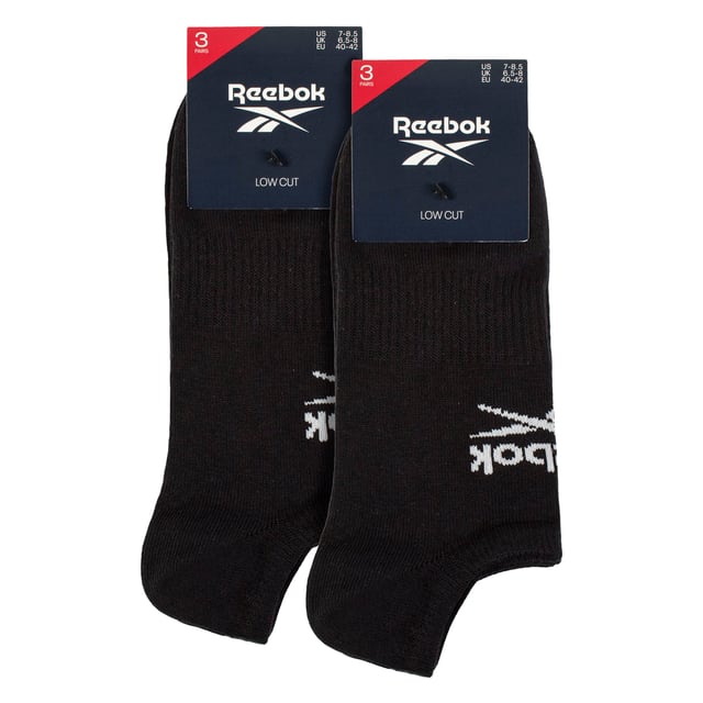 Reebok - 6 Pack Men's & Women's Core Cotton Trainer Socks:  Reebok Core Cotton Trainer Socks are meticulously designed for everyday comfort, featuring an innovative under-ankle fit that stays discreetly hidden for that desired sockless appearance. . The low-cut design ensures the socks remain invisible beneath most footwear, giving you a sleek, streamlined look without compromising on comfort. Whether you're heading to the gym, running errands, or enjoying casual outings, these socks provide a snug fit that stays securely in place while offering a breathable, lightweight feel. . Ideal for those who prefer an unobtrusive and minimalist style, these socks seamlessly blend into any outfit while maintaining maximum comfort throughout the day. These socks offer a great balance of softness, durability, and flexibility. These socks feature arch support bands that help prevent slippage, making them ideal for active wear. With seamless toes, you can enjoy a smooth, irritation-free experience throughout the day. These low-cut socks are made from a soft, smooth cotton blend that ensures breathability and a cool, comfortable feel all day long. The perfect blend of comfort and functionality, these socks are ideal for any activity. They are constructed from a blend of 58% Cotton, 39% Polyester, 2% Elastane, and 1% Polyamide, they come in a 6 pair pack and are available in classic Black or White. These socks come in 3 sizes: 6-8, 8-10 and 10-12 UK are also machine washable at 40°, making them easy to care for. Extra Product Details: Reebok Core Trainer Socks Cotton Rich Fibres Invisible Under-Ankle Design Arch Support Bands Seamless Toe Soft & Breathable 6 Pairs Per Pack Machine Washable