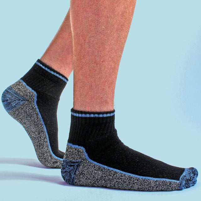 Short Bamboo Work Socks: If you need a pair of work socks that offer maximum breathability during hot weather for the summer months then consider our quarter bamboo work socks. With all the features of our original bamboo work socks including a cushioned foot, reinforced heel and toe and high bamboo viscose content. These ankle work socks made with bamboo are perfect for increasing breathability. The shorter length gives the expoure that your legs need during the hot weather, the high bamboo content allows for the socks to wick moisture away from your feet and legs efficiently. Bamboo as a fibre is know for its anti odour properties, great for keeping your feet sweat free whilt providing a super soft comfortable sock for its wearer. This doesn't make the sock less durable either, the thick cushioning throughout the sock and the reinforced heel & toe ensures this. There are 3 sizes to choose between in these quarter bamboo work socks with three colour options in the pack.They are avaliable in 3, 6 and 12 pair bundles and they are machine washable.