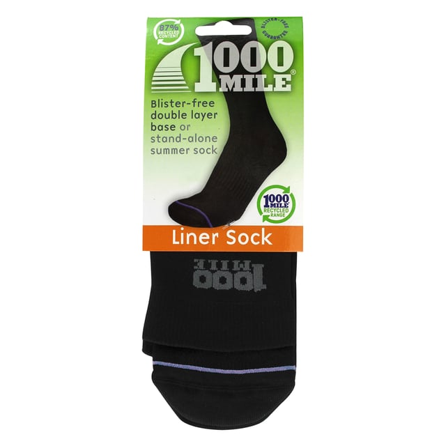 1000 Mile Men's Liner Sock Repreve: Introducing the 1000 Mile Ultimate Liner Sock, a versatile solution for blister prevention and foot comfort. Use it as a base layer under thick walking socks for year-round use or wear it on its own during summer with lightweight fabric boots. This double-layer sock works wonders by drawing sweat away from the foot, thanks to its inner layer, and absorbing moisture with the outer layer, ensuring dryness. The advanced blend of fibers, including eco-friendly REPREVE® recycled yarns, along with strategic venting, maintains an optimal temperature for your feet. Experience enhanced support with the arch bracing feature. The innovative HeelPower fabric technology securely grips your heel, preventing slippage. Choose from three size options: 6-8.5UK (EUR 39-42.5), 9-11.1UK (EUR 43-46.5), and 12-14UK (EUR 47-49). To ensure its longevity, machine wash the sock at 30 degrees before wearing and avoid bleach or tumble drying. Elevate your foot comfort with the 1000 Mile Ultimate Liner Sock. Extra Product Details Blister prevention for all seasons Moisture-wicking inner layer keeps feet dry Eco-friendly with REPREVE® recycled yarns Comfortable temperature regulation with top venting Additional support with arch bracing Secure heel grip, no slippage Multiple size options for perfect fit Machine washable, easy maintenance