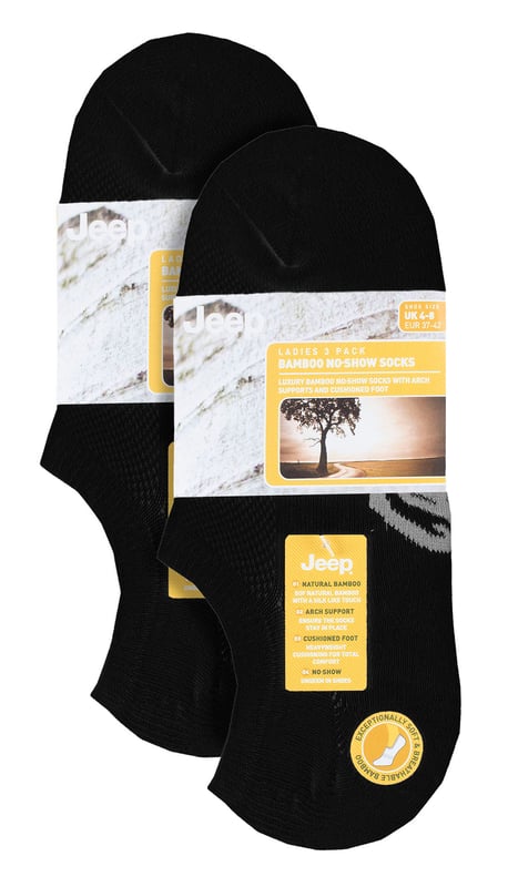 Jeep Ladies 6 Pack Bamboo No Show Socks: Introducing the Ladies' Jeep Bamboo No Show Socks - a triple pack of comfort, style, and functionality. Crafted from a luxurious blend of 83% Viscose from Bamboo, 14% Polyester, and 3% Elastane, these socks offer an exceptional softness and breathability. The low ankle cut ensures a near-invisible look with various shoe styles and trainers. Enjoy the benefits of arch support and non-slip heel grips, providing a secure and comfortable fit throughout the day. The socks feature standard toe seams and low, slim cuffs for a sleek appearance. With a breathable mesh upper, damp, warm air easily escapes, leaving your feet cool and fresh. These bamboo socks are not only absorbent but also draw moisture away from your skin, keeping it dry and comfortable. Bamboo's natural properties regulate temperature, making these socks ideal for any season. They are machine washable at 40° for easy care. The socks come in a pack of three, featuring plain uppers with mixed color Jeep logos woven into the soles. The soles are padded with protective, heavyweight terry loop cushioning, offering optimal comfort and impact absorption during everyday activities. Experience the versatility and convenience of the Ladies' Jeep Bamboo No Show Socks - perfect for daily wear, sports activities, or casual outings. Treat your feet to the best with these lightweight, cool, and soft bamboo socks!. Extra Product Details: Luxurious bamboo blend - 83% Viscose from Bamboo, 14% Polyester, 3% Elastane. Soft and breathable - keeps feet cool and fresh. Arch support and non-slip heel grips for a secure fit. Sleek low ankle cut, near-invisible with various shoe styles. Moisture-wicking and absorbent for dry, comfortable feet. Temperature-regulating, suitable for all seasons. Padded soles with terry loop cushioning for comfort and impact absorption. Versatile and convenient for daily wear, sports, or casual outings.