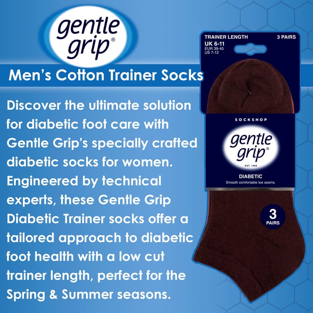 Gentle Grip - Men’s 6 Pack Diabetic Trainer Socks: Discover the ultimate solution for diabetic foot care with Gentle Grip's specially crafted diabetic socks for women. Engineered by technical experts, these Gentle Grip Diabetic Trainer socks offer a tailored approach to diabetic foot health with a low cut trainer length, perfect for the Spring & Summer seasons. Experience unparalleled comfort with these luxuriously soft cotton-rich socks, meticulously designed to securely hold ankles without elastication, eliminating the tightness that can pose problems for those with circulatory issues. Featuring hand-linked toes for smooth seams, these socks prioritise comfort for diabetics, preventing irritation and soreness. The specially shaped and woven Honeycomb Tops effortlessly conform to the contours of your ankle, eliminating uncomfortable constriction rings, crucial for diabetic individuals. Trust in Gentle Grip's commitment to comfort and quality, ensuring your feet receive the care they deserve. These socks come in 6 pair packs and are available in 5 different options. They are made from: 77% Cotton, 15% Polyester, 1% Elastane. They come in 2 Men’s Sizes: 6-11 UK, 12-14 UK and are Machine Washable. Extra Product Details: Gentle Grip Diabetic Trainer Socks  NON ELASTIC Ankle Top Smooth Toe Seam HoneyComb Top Hand Linked Toe Seam Soft Touch Cotton Designed For Diabetes Ideal for Large or Swollen Legs