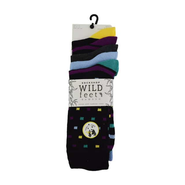 Wild Feet Men’s 5 Pack Bamboo Jacquards Socks: Wild Feet are a great choice if you’re after quality, traditional colours as well as some classic striped patterns for your feet. If you’re looking for a softer dress sock then these are the ideal ones for you!. These socks are made from a rich Viscose from Bamboo material which makes them very breathable, naturally moisture wicking and some of the softest socks you’ll ever wear!. These socks would be ideal for everyday wear or for the working day. They could even make a great gift for someone that you know needs an upgrade on their sock drawer with the amazing comfort that they provide. Wild Feet is a range of socks featuring cool designs, bold colours and quirky catchphrases - from pugs and penguins, to lions and llamas! - Choose from a range of styles for men and ladies, from dress to trainer socks. There are even some sporty styles available!. There are 4 variations to choose from with plain and striped patterns per pack. They come in one size Men’s 7-11 UK, are made from 70% Viscose Bamboo 28% Polyester 2% Elastane and are machine washable. Extra Product Details: Men’s 5 Pack Jacquards Socks Viscose Bamboo Fibre 4 Style Choices Super Soft & Comfy A Great Gift Ideal For Everyday Wear Wild Feet Branded One SIze Men’s 6-11 Machine Washable