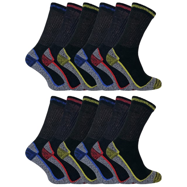 Bamboo Work Socks - Bulk Value Deal!: Looking for reliable work socks that can handle heavy-duty tasks? Look no further! These bamboo work socks offer exceptional value with their bulk pack of 12 pairs. . Designed with a thick piled bamboo cushioned foot bed, these socks provide unparalleled comfort, even during long periods of walking or standing. The viscose bamboo in the sole allows your feet to breathe and wicks away moisture, keeping your feet dry and odor-free. Perfect for steel toe capped boots and industrial boots, these work socks feature a reinforced heel and toe for added durability. The true heel and toe design prevents movement in shoes, ensuring a secure and comfortable fit. The reinforced terry loops and smooth toe seams further enhance comfort and longevity, especially when used with steel toe boots. Plus, they are cotton-rich for natural softness and ultimate comfort. Available in sizes 4-7, 6-11 & 12 14 UK. . Extra Product Details:: - Available in 2 sizes - Long-lasting and heavy-duty - Specifically designed for steel toe boots - Bamboo high pile sole for added comfort - True heel/toe design for improved fit - Anti-odor properties keep feet fresh - Cotton-rich for natural softness - Cushioned bamboo foot bed for extra comfort - Made from 55% cotton, 20% viscose (bamboo), 18% polyester, 4% nylon, and 3% elastane - Machine washable