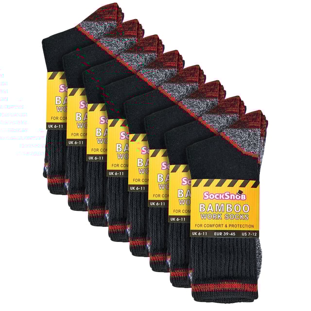 Bamboo Work Socks - Bulk Value Deal!: Looking for reliable work socks that can handle heavy-duty tasks? Look no further! These bamboo work socks offer exceptional value with their bulk pack of 12 pairs. . Designed with a thick piled bamboo cushioned foot bed, these socks provide unparalleled comfort, even during long periods of walking or standing. The viscose bamboo in the sole allows your feet to breathe and wicks away moisture, keeping your feet dry and odor-free. Perfect for steel toe capped boots and industrial boots, these work socks feature a reinforced heel and toe for added durability. The true heel and toe design prevents movement in shoes, ensuring a secure and comfortable fit. The reinforced terry loops and smooth toe seams further enhance comfort and longevity, especially when used with steel toe boots. Plus, they are cotton-rich for natural softness and ultimate comfort. Available in sizes 4-7, 6-11 & 12 14 UK. . Extra Product Details:: - Available in 2 sizes - Long-lasting and heavy-duty - Specifically designed for steel toe boots - Bamboo high pile sole for added comfort - True heel/toe design for improved fit - Anti-odor properties keep feet fresh - Cotton-rich for natural softness - Cushioned bamboo foot bed for extra comfort - Made from 55% cotton, 20% viscose (bamboo), 18% polyester, 4% nylon, and 3% elastane - Machine washable