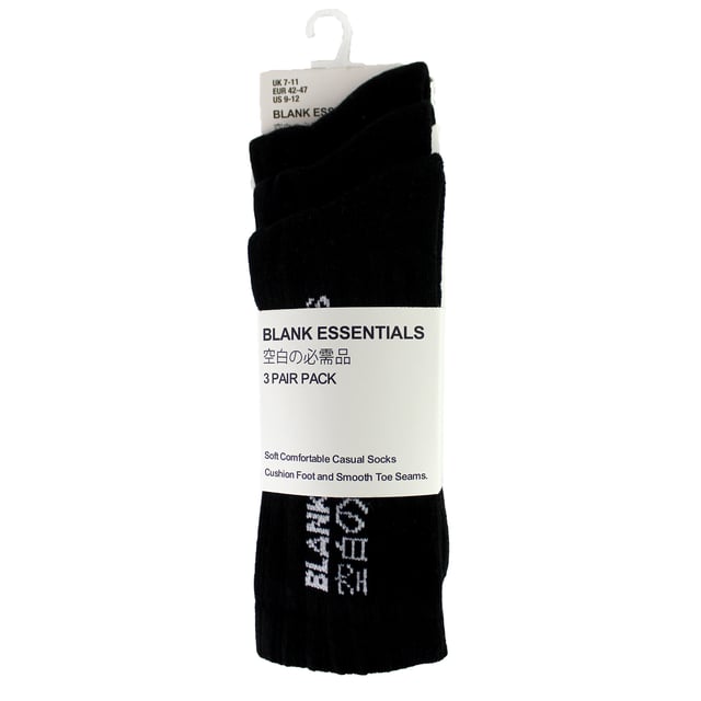 BLANK ESSENTIALS 3 Pack Cotton Socks: Step into a world of unmatched comfort and subtle style with the BLANK ESSENTIALS 3 Pack Cotton Socks. Specially designed to fit a range of shoe sizes, these crew socks effortlessly complement both your casual and official outfits, becoming an essential component of your wardrobe. Revel in the luxurious comfort these socks bring, an indispensable item for every discerning gentleman. BLANK ESSENTIALS socks are meticulously crafted to inject a wave of comfort into your daily grind. Featuring a harmonious blend of softness, breathability, and gentle support, these socks are poised to accompany you through all seasons. Made from a premium mix of 78% cotton, 11% polyamide, 9% polyester, and 2% elastane, they fit snugly into sizes 7-11 UK. The BLANK ESSENTIALS 3 Pack Cotton Socks boast several features. Their cushioned foot and smooth toe seams are signs of thoughtful design aimed at maximizing your comfort. Moreover, the easy stretch, non-binding rib ensures a perfect fit without restricting circulation. Whether you choose the classic white, sleek black, or the assorted colours pack, these socks are bound to elevate your daily comfort to new heights. Extra Product Information: - Supremely soft and comfortable - Made with high-quality materials - Easy stretch for a perfect fit - Non-binding for all-day comfort - Available in versatile colour options - Suitable for sizes 7-11 UK - Ideal for both casual and formal occasions - A must-have staple for the modern man