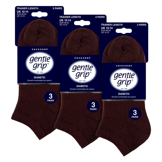 Gentle Grip - Men’s 9 Pair Multipack Diabetic Trainer Socks: Discover the ultimate solution for diabetic foot care with Gentle Grip's specially crafted diabetic socks for women. Engineered by technical experts, these Gentle Grip Diabetic Trainer socks offer a tailored approach to diabetic foot health with a low cut trainer length, perfect for the Spring & Summer seasons. Experience unparalleled comfort with these luxuriously soft cotton-rich socks, meticulously designed to securely hold ankles without elastication, eliminating the tightness that can pose problems for those with circulatory issues. Featuring hand-linked toes for smooth seams, these socks prioritise comfort for diabetics, preventing irritation and soreness. Choose these lightweight Gentle Grip diabetic trainer socks to care for your legs every day. These socks come in 9 pair packs and are available in 5 different options. They are made from: 77% Cotton, 15% Polyester, 1% Elastane. They come in 2 Men’s Sizes: 6-11 UK, 12-14 UK and are Machine Washable. Extra Product Details: Gentle Grip Diabetic Trainer Socks 9 Pack Diabetic Trainer Socks  NON ELASTIC Ankle Top Smooth Toe Seam HoneyComb Top Hand Linked Toe Seam