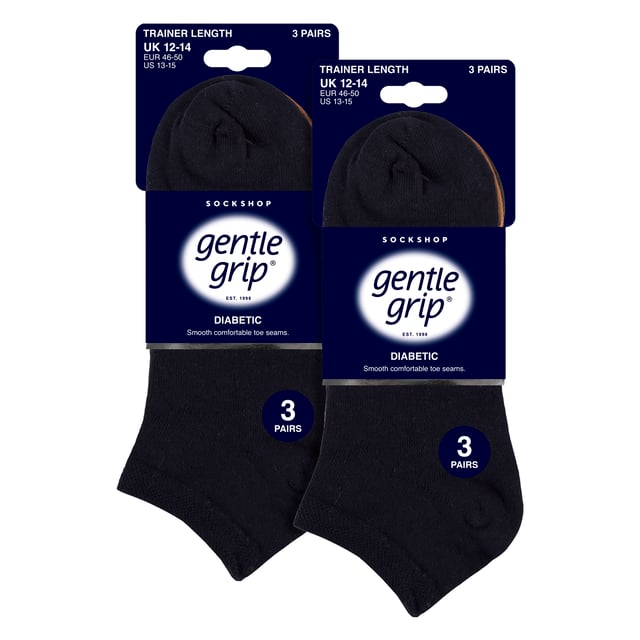 Gentle Grip - Men’s 6 Pack Diabetic Trainer Socks: Discover the ultimate solution for diabetic foot care with Gentle Grip's specially crafted diabetic socks for women. Engineered by technical experts, these Gentle Grip Diabetic Trainer socks offer a tailored approach to diabetic foot health with a low cut trainer length, perfect for the Spring & Summer seasons. Experience unparalleled comfort with these luxuriously soft cotton-rich socks, meticulously designed to securely hold ankles without elastication, eliminating the tightness that can pose problems for those with circulatory issues. Featuring hand-linked toes for smooth seams, these socks prioritise comfort for diabetics, preventing irritation and soreness. The specially shaped and woven Honeycomb Tops effortlessly conform to the contours of your ankle, eliminating uncomfortable constriction rings, crucial for diabetic individuals. Trust in Gentle Grip's commitment to comfort and quality, ensuring your feet receive the care they deserve. These socks come in 6 pair packs and are available in 5 different options. They are made from: 77% Cotton, 15% Polyester, 1% Elastane. They come in 2 Men’s Sizes: 6-11 UK, 12-14 UK and are Machine Washable. Extra Product Details: Gentle Grip Diabetic Trainer Socks  NON ELASTIC Ankle Top Smooth Toe Seam HoneyComb Top Hand Linked Toe Seam Soft Touch Cotton Designed For Diabetes Ideal for Large or Swollen Legs
