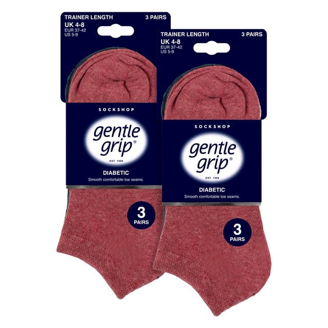 Gentle Grip - Ladies 6 Pack Diabetic Trainer Socks: Discover the ultimate solution for diabetic foot care with Gentle Grip's specially crafted diabetic socks for women. Engineered by technical experts, these Gentle Grip Diabetic Trainer socks offer a tailored approach to diabetic foot health with a low cut trainer length, perfect for the Spring & Summer seasons. Experience unparalleled comfort with these luxuriously soft cotton-rich socks, meticulously designed to securely hold ankles without elastication, eliminating the tightness that can pose problems for those with circulatory issues. Featuring hand-linked toes for smooth seams, these socks prioritise comfort for diabetics, preventing irritation and soreness. . The specially shaped and woven Honeycomb Tops effortlessly conform to the contours of your ankle, eliminating uncomfortable constriction rings, crucial for diabetic individuals. Trust in Gentle Grip's commitment to comfort and quality, ensuring your feet receive the care they deserve. These socks come in 6 pair packs and are available in 6 different options. They are made from: 77% Cotton, 15% Polyester, 1% Elastane. They come in Ladies One Size 4-8 UK and are Machine Washable. Extra Product Details: Gentle Grip Diabetic Trainer Socks  NON ELASTIC Ankle Top Smooth Toe Seam HoneyComb Top Hand Linked Toe Seam Soft Touch Cotton Designed For Diabetes Ideal for Large or Swollen Legs