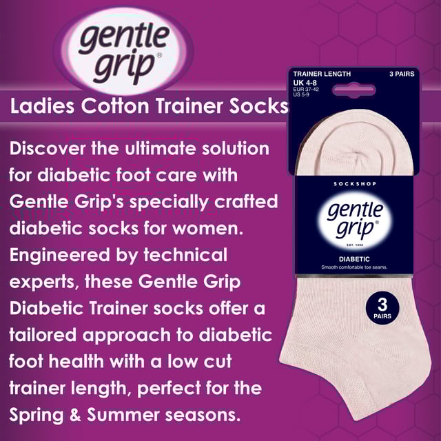 Gentle Grip - Ladies 6 Pack Diabetic Trainer Socks: Discover the ultimate solution for diabetic foot care with Gentle Grip's specially crafted diabetic socks for women. Engineered by technical experts, these Gentle Grip Diabetic Trainer socks offer a tailored approach to diabetic foot health with a low cut trainer length, perfect for the Spring & Summer seasons. Experience unparalleled comfort with these luxuriously soft cotton-rich socks, meticulously designed to securely hold ankles without elastication, eliminating the tightness that can pose problems for those with circulatory issues. Featuring hand-linked toes for smooth seams, these socks prioritise comfort for diabetics, preventing irritation and soreness. . The specially shaped and woven Honeycomb Tops effortlessly conform to the contours of your ankle, eliminating uncomfortable constriction rings, crucial for diabetic individuals. Trust in Gentle Grip's commitment to comfort and quality, ensuring your feet receive the care they deserve. These socks come in 6 pair packs and are available in 6 different options. They are made from: 77% Cotton, 15% Polyester, 1% Elastane. They come in Ladies One Size 4-8 UK and are Machine Washable. Extra Product Details: Gentle Grip Diabetic Trainer Socks  NON ELASTIC Ankle Top Smooth Toe Seam HoneyComb Top Hand Linked Toe Seam Soft Touch Cotton Designed For Diabetes Ideal for Large or Swollen Legs