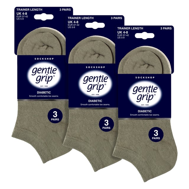Gentle Grip - Ladies 9 Pair Multipack Diabetic Trainer Socks: Discover the ultimate solution for diabetic foot care with Gentle Grip's specially crafted diabetic socks for women. Engineered by technical experts, these Gentle Grip Diabetic Trainer socks offer a tailored approach to diabetic foot health with a low cut trainer length, perfect for the Spring & Summer seasons. Experience unparalleled comfort with these luxuriously soft cotton-rich socks, meticulously designed to securely hold ankles without elastication, eliminating the tightness that can pose problems for those with circulatory issues. Featuring hand-linked toes for smooth seams, these socks prioritise comfort for diabetics, preventing irritation and soreness. . The specially shaped and woven Honeycomb Tops effortlessly conform to the contours of your ankle, eliminating uncomfortable constriction rings, crucial for diabetic individuals. Trust in Gentle Grip's commitment to comfort and quality, ensuring your feet receive the care they deserve. These socks come in 9 pair packs and are available in 6 different options. They are made from: 77% Cotton, 15% Polyester, 1% Elastane. They come in Ladies One Size 4-8 UK and are Machine Washable. Extra Product Details: Gentle Grip Diabetic Trainer Socks  NON ELASTIC Ankle Top Smooth Toe Seam HoneyComb Top Hand Linked Toe Seam Soft Touch Cotton