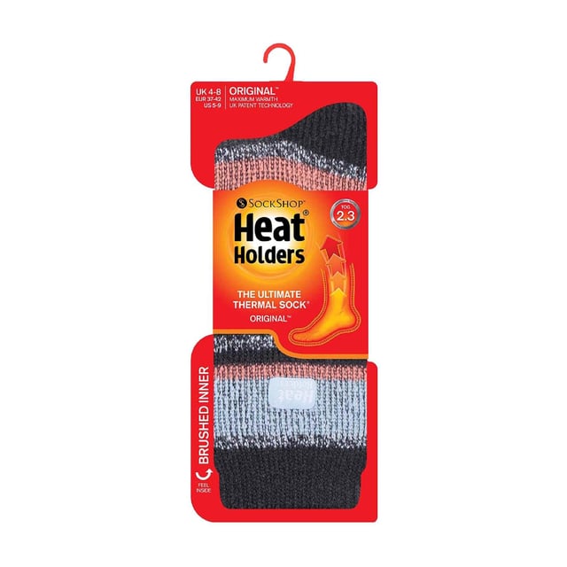 Ladies Heat Holders Thermal Twist Socks: Keep feet warm, protected and supported in and out of the house in a pair of Heat Holders thermal socks. Main Features Heat Holders Tog Rating - With a massive tog rating of 2.34 they are the warmest thermal sock for you - 7X warmer than the ordinary cotton sock (0.33 tog)!. Heat Holders Yarn - Heat Holders' Specially developed thermal yarn provides high performance insulation against cold with superior moisture breathing abilities. Heat Holders Loops -Innovative knitting Technology produces our unique, extra long looped cushion pile to hold in more warm air, increasing the TOG rating. Heat Holders Brushing - Finally, our expert brushing process maximizes the amount of warm air held inside each sock for total warmth and all day comfort. These socks are made from 91% Acrylic, 5% Nylon, 3% Polyester, 1% Elastane, are available in Ladies 4-8 UK and come in 18 styles which include colours like - Pink, Purple, Coral, Sky Blue, Charcoal, Cream, Brown, Raspberry and more. They are safely machine washable.Extra Product Details: Heat Holders Twist Socks 7X Warmer than an average sock Advanced Insulating Yarn Massive Tog Rating of 2.34 Double Brushed Inner 18 Colours Available Size 4-8 UK 91% Acrylic, 5% Nylon, 3% Polyester, 1% Elastane Machine Washable