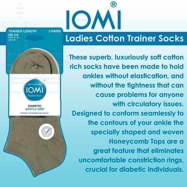 IOMI - Calcetines de entrenamiento para diabéticos multipack de 9 pares para mujer: Descubra la solución ideal para el cuidado del pie diabético con los calcetines especialmente diseñados para mujeres. Diseñados por expertos técnicos, estos calcetines IOMI Diabetic Trainer ofrecen un enfoque a medida para la salud del pie diabético con un corte bajo, ideal para los meses de primavera y verano. Estos magníficos calcetines, lujosamente suaves y ricos en algodón, se han confeccionado para sujetar los tobillos sin elasticidad y sin la tirantez que puede causar problemas a cualquier persona con problemas circulatorios. Diseñados para adaptarse perfectamente a los contornos del tobillo, los remates en forma de panal de abeja especialmente moldeados y tejidos son una gran característica que elimina los incómodos anillos de constricción, cruciales para las personas diabéticas. También incluyen punteras enlazadas a mano para unas costuras suaves, esenciales para facilitar la comodidad de los diabéticos y prevenir las agujetas, por lo que tiene sentido elegir estos ligeros calcetines de entrenamiento para diabéticos de IOMI para cuidar sus piernas todos los días. . Estos calcetines vienen en paquetes de 9 pares y están disponibles en 8 opciones diferentes. Están hechos de: 77% Algodón, 15% Poliéster, 1% Elastano. Vienen en talla única de mujer 4-8 UK y son lavables a máquina. Detalles adicionales del producto: IOMI Footnurse 9 pares de calcetines para diabéticos NON ELASTIC Ankle Top Smooth Toe Seam HoneyComb Top Hand Linked Toe Seam Soft Touch Cotton Diseñados para la diabetes
