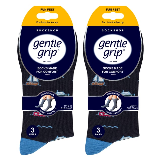 Gentle Grip Men's Patterned Socks - Fun, Comfortable, and Stylish: Experience the perfect blend of comfort and style with the Gentle Grip Men's Patterned Socks 6-Pair Set. Made from soft and breathable fabric, these socks are designed to keep your feet cosy and comfortable all day long. Featuring a mix of fun and vibrant designs like Team Dog, bugs, vehicles, and coffee patterns, these socks add a playful touch to your everyday wardrobe. The unique gentle grip technology ensures a secure, non-restrictive fit, making them perfect for men with sensitive skin. Each pack includes six different pairs, offering variety and versatility in your sock drawer. These socks are easy to care for, retaining their softness and shape after multiple washes. Whether you're out running errands, at work, or relaxing at home, these novelty socks will keep your feet comfortable and stylish. Treat yourself or surprise a loved one with these fun and practical socks that combine style, comfort, and function. Extra Product Details: - Soft and Comfortable Fabric for All-Day Wear - Gentle Grip Technology for a Secure, Non-Restrictive Fit - Includes Six Pairs with Fun and Vibrant Designs - Perfect for Sensitive Skin - Machine Washable for Easy Care