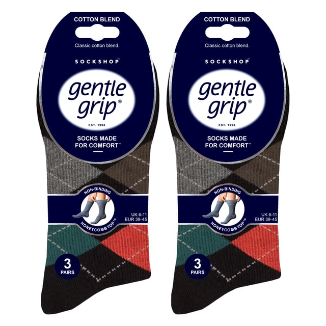 New Mens Gentle Grip Socks: With a specially designed HoneyComb Top, Sockshop soft Gentle Grip® Socks are made more comfortable for all wearers, but particularly if you struggle with circulatory problems or swollen legs, ankles and feet. This collection of designs look as good as they feel too, made from soft, comfortable cotton rich yarn. keep your feet odour free with flat seamed toes for extra wearability All SockShop Gentle Grip® Socks are constructed to care for your legs, comfortably moulding to their natural contours without leaving any of those ugly, irritating and itchy constriction rings. These really are the socks going forward for anyone who dislikes those tight tops. Gentle grip tops that do not fall down with wear and are ideal for diabetics too!