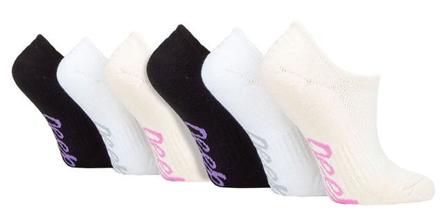 Jeep Ladies 6 Pack Bamboo No Show Socks: Introducing the Ladies' Jeep Bamboo No Show Socks - a triple pack of comfort, style, and functionality. Crafted from a luxurious blend of 83% Viscose from Bamboo, 14% Polyester, and 3% Elastane, these socks offer an exceptional softness and breathability. The low ankle cut ensures a near-invisible look with various shoe styles and trainers. Enjoy the benefits of arch support and non-slip heel grips, providing a secure and comfortable fit throughout the day. The socks feature standard toe seams and low, slim cuffs for a sleek appearance. With a breathable mesh upper, damp, warm air easily escapes, leaving your feet cool and fresh. These bamboo socks are not only absorbent but also draw moisture away from your skin, keeping it dry and comfortable. Bamboo's natural properties regulate temperature, making these socks ideal for any season. They are machine washable at 40° for easy care. The socks come in a pack of three, featuring plain uppers with mixed color Jeep logos woven into the soles. The soles are padded with protective, heavyweight terry loop cushioning, offering optimal comfort and impact absorption during everyday activities. Experience the versatility and convenience of the Ladies' Jeep Bamboo No Show Socks - perfect for daily wear, sports activities, or casual outings. Treat your feet to the best with these lightweight, cool, and soft bamboo socks!. Extra Product Details: Luxurious bamboo blend - 83% Viscose from Bamboo, 14% Polyester, 3% Elastane. Soft and breathable - keeps feet cool and fresh. Arch support and non-slip heel grips for a secure fit. Sleek low ankle cut, near-invisible with various shoe styles. Moisture-wicking and absorbent for dry, comfortable feet. Temperature-regulating, suitable for all seasons. Padded soles with terry loop cushioning for comfort and impact absorption. Versatile and convenient for daily wear, sports, or casual outings.