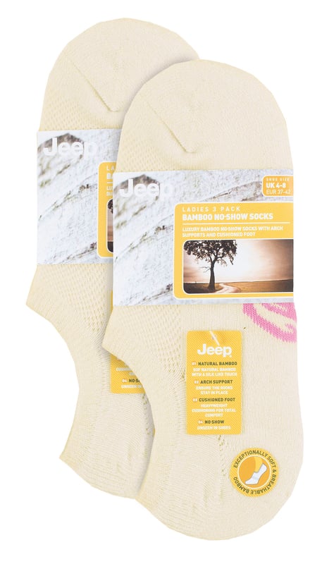 Jeep Ladies 6 Pack Bamboo No Show Socks: Introducing the Ladies' Jeep Bamboo No Show Socks - a triple pack of comfort, style, and functionality. Crafted from a luxurious blend of 83% Viscose from Bamboo, 14% Polyester, and 3% Elastane, these socks offer an exceptional softness and breathability. The low ankle cut ensures a near-invisible look with various shoe styles and trainers. Enjoy the benefits of arch support and non-slip heel grips, providing a secure and comfortable fit throughout the day. The socks feature standard toe seams and low, slim cuffs for a sleek appearance. With a breathable mesh upper, damp, warm air easily escapes, leaving your feet cool and fresh. These bamboo socks are not only absorbent but also draw moisture away from your skin, keeping it dry and comfortable. Bamboo's natural properties regulate temperature, making these socks ideal for any season. They are machine washable at 40° for easy care. The socks come in a pack of three, featuring plain uppers with mixed color Jeep logos woven into the soles. The soles are padded with protective, heavyweight terry loop cushioning, offering optimal comfort and impact absorption during everyday activities. Experience the versatility and convenience of the Ladies' Jeep Bamboo No Show Socks - perfect for daily wear, sports activities, or casual outings. Treat your feet to the best with these lightweight, cool, and soft bamboo socks!. Extra Product Details: Luxurious bamboo blend - 83% Viscose from Bamboo, 14% Polyester, 3% Elastane. Soft and breathable - keeps feet cool and fresh. Arch support and non-slip heel grips for a secure fit. Sleek low ankle cut, near-invisible with various shoe styles. Moisture-wicking and absorbent for dry, comfortable feet. Temperature-regulating, suitable for all seasons. Padded soles with terry loop cushioning for comfort and impact absorption. Versatile and convenient for daily wear, sports, or casual outings.