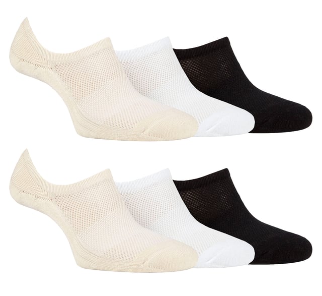 Jeep Ladies 6 Pack Bamboo No Show Socks: Introducing the Ladies' Jeep Bamboo No Show Socks - a triple pack of comfort, style, and functionality. Crafted from a luxurious blend of 83% Viscose from Bamboo, 14% Polyester, and 3% Elastane, these socks offer an exceptional softness and breathability. The low ankle cut ensures a near-invisible look with various shoe styles and trainers. Enjoy the benefits of arch support and non-slip heel grips, providing a secure and comfortable fit throughout the day. The socks feature standard toe seams and low, slim cuffs for a sleek appearance. With a breathable mesh upper, damp, warm air easily escapes, leaving your feet cool and fresh. These bamboo socks are not only absorbent but also draw moisture away from your skin, keeping it dry and comfortable. Bamboo's natural properties regulate temperature, making these socks ideal for any season. They are machine washable at 40° for easy care. The socks come in a pack of three, featuring plain uppers with mixed color Jeep logos woven into the soles. The soles are padded with protective, heavyweight terry loop cushioning, offering optimal comfort and impact absorption during everyday activities. Experience the versatility and convenience of the Ladies' Jeep Bamboo No Show Socks - perfect for daily wear, sports activities, or casual outings. Treat your feet to the best with these lightweight, cool, and soft bamboo socks!. Extra Product Details: Luxurious bamboo blend - 83% Viscose from Bamboo, 14% Polyester, 3% Elastane. Soft and breathable - keeps feet cool and fresh. Arch support and non-slip heel grips for a secure fit. Sleek low ankle cut, near-invisible with various shoe styles. Moisture-wicking and absorbent for dry, comfortable feet. Temperature-regulating, suitable for all seasons. Padded soles with terry loop cushioning for comfort and impact absorption. Versatile and convenient for daily wear, sports, or casual outings.