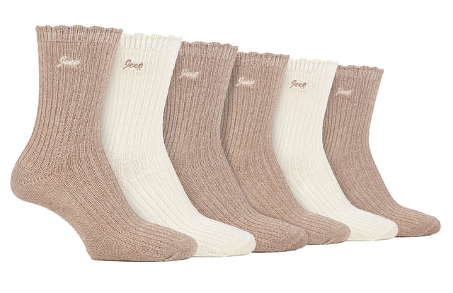 Jeep Ladies 6 Pack Scalloped Cuff Socks: Introducing the Jeep Bamboo Scalloped Top Socks, a delightful triple pack of ladies' socks that exude comfort and elegance. Crafted from an 88% Bamboo, 10% Polyester, and 2% Elastane blend, these socks offer a super-soft and silk-like feel. The fine gauge design features ribbed legs and scalloped edge cuffs for a touch of sophistication. These bamboo socks are not only a treat for the eyes but also a blessing for your feet. Bamboo, known for its gentle nature, suits all skin types, making it a perfect choice for those with sensitivities. The natural properties of bamboo include bacteria and fungal resistance, ensuring freshness throughout wear. Additionally, these socks have superior moisture-absorbing capabilities compared to cotton socks, providing a dry and comfortable feel. Wear these luxurious bamboo socks in any season, as they possess inherent thermoregulating abilities that adapt to changing temperatures. Whether you're donning shoes or boots, these socks promise a great fit and a stylish look. Each pair is elegantly embroidered with a contrasting Jeep logo, completing the perfect trio of colors and comfort. Machine washable at 40°, maintenance is effortless, so you can enjoy the pleasure of these bamboo socks again and again. Treat your feet to the indulgence they deserve with Jeep Bamboo Scalloped Top Socks. Extra Product Details: Delightful ladies' socks with comfort and elegance. 88% Bamboo, 10% Polyester, 2% Elastane blend for a silk-like feel. Gentle on all skin types, perfect for sensitivities. Bacteria and fungal resistant, ensuring lasting freshness. Superior moisture-absorption for a dry, comfortable experience. Inherent thermoregulating abilities for year-round wear. Stylish design with ribbed legs and scalloped cuffs. Effortless maintenance, machine washable at 40°.