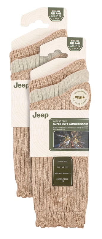 Jeep Ladies 6 Pack Scalloped Cuff Socks: Introducing the Jeep Bamboo Scalloped Top Socks, a delightful triple pack of ladies' socks that exude comfort and elegance. Crafted from an 88% Bamboo, 10% Polyester, and 2% Elastane blend, these socks offer a super-soft and silk-like feel. The fine gauge design features ribbed legs and scalloped edge cuffs for a touch of sophistication. These bamboo socks are not only a treat for the eyes but also a blessing for your feet. Bamboo, known for its gentle nature, suits all skin types, making it a perfect choice for those with sensitivities. The natural properties of bamboo include bacteria and fungal resistance, ensuring freshness throughout wear. Additionally, these socks have superior moisture-absorbing capabilities compared to cotton socks, providing a dry and comfortable feel. Wear these luxurious bamboo socks in any season, as they possess inherent thermoregulating abilities that adapt to changing temperatures. Whether you're donning shoes or boots, these socks promise a great fit and a stylish look. Each pair is elegantly embroidered with a contrasting Jeep logo, completing the perfect trio of colors and comfort. Machine washable at 40°, maintenance is effortless, so you can enjoy the pleasure of these bamboo socks again and again. Treat your feet to the indulgence they deserve with Jeep Bamboo Scalloped Top Socks. Extra Product Details: Delightful ladies' socks with comfort and elegance. 88% Bamboo, 10% Polyester, 2% Elastane blend for a silk-like feel. Gentle on all skin types, perfect for sensitivities. Bacteria and fungal resistant, ensuring lasting freshness. Superior moisture-absorption for a dry, comfortable experience. Inherent thermoregulating abilities for year-round wear. Stylish design with ribbed legs and scalloped cuffs. Effortless maintenance, machine washable at 40°.