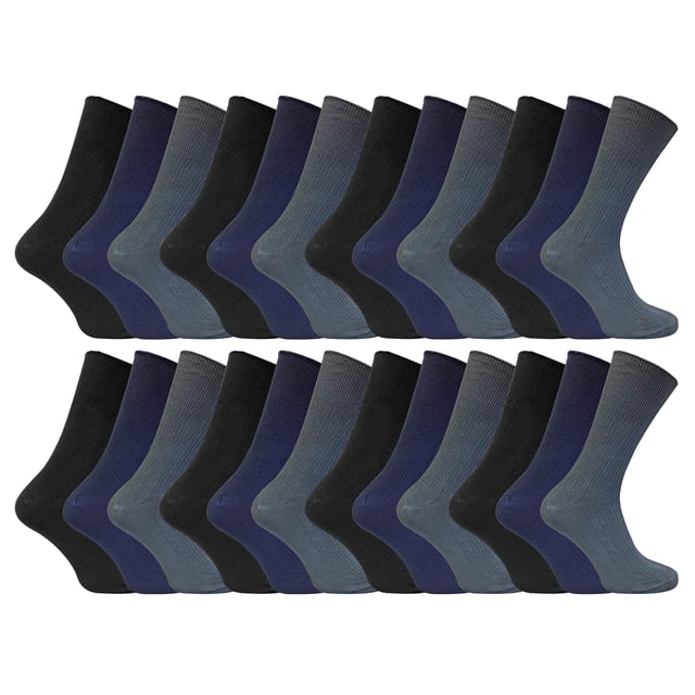 Ultimate Comfort and Bulk Value: 100% Cotton Non Elastic Socks: Experience unparalleled comfort with our 100% cotton non elastic socks. Designed for those who prioritize comfort above all else, these socks offer a bulk value deal with 24 pairs included. Crafted with the finest cotton, these socks provide a luxurious and soft feel that will keep your feet happy all day long. Unlike ordinary cotton socks, our non elastic socks take comfort to the next level. With their non-binding design, they offer extra comfort and freedom of movement. Perfect for those with poor circulation or swollen feet and legs, these socks stretch to the natural contours of your feet without constricting them. Say goodbye to uncomfortable constriction rings and hello to ultimate comfort. Not only are these socks incredibly comfortable, but they are also breathable, making them perfect for the summer months. The lightweight and breathable cotton fabric ensures your feet stay cool and fresh all day long. Available in a 12 pair pack, these non elastic socks come in three stylish colors. Choose from our size options of 6-11 UK or 11-14 UK to find the perfect fit for your feet. Made from 100% organic cotton, these socks are not only comfortable but also environmentally friendly. And don't worry about the hassle of handwashing, as these socks are safely machine washable. Extra Product Details:: - 24 pairs included for bulk value - Made from 100% cotton for ultimate comfort - Non elastic design for extra comfort - Available in three stylish colors - Size options: 6-11 UK / 11-14 UK - Machine washable for convenience. Experience the ultimate comfort and value with our 100% cotton non elastic socks. Upgrade your sock game today!