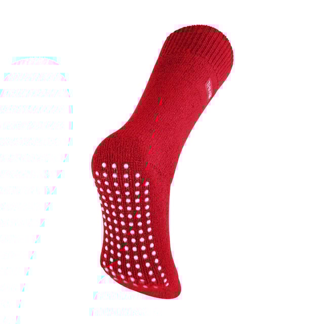 Mens THMO Slipper Socks: THMO thermal slipper socks have been made with a heavy bulk acrylic yarn with extreme thermal qualities. They have been double brushed on the inside to maximise warmth by trapping warm air and keeping it close to your feet. This brushing also softens the inside of the sock making it a great choice for indoor relaxing. These thermal socks also feel like they are seamless with a neat hand-linked toe. The ribbed welt at the top of the sock has been designed to rest to the natural contours of your legs. This wide soft top provides all day comfort and will reduce the chances of nasty constriction rings developing around your legs. The THMO badge is also heat transferred onto the side of the sock. This is the THMO slipper version for the thermal socks. An anti slip grip has been designed onto the foot of the sock in order to prevent you from slipping on surfaces such as hard wooden floors or kitchen tiles. These men's THMO thermal slipper socks are available in 2 colours including black and navy, the grip is a white dotted design. They are a size 6-11 and they are made from 93% Acrylic, 6% Polyamide, 1% Elastane. They are also safely machine washable. Extra Product Details: - THMO - Slipper Socks - Double Brushed - Hand Linked Toe - Ribbed Welt - 1 Pair Pack - 2 Colours to choose between - 6-11 - 93% Acrylic, 6% Polyamide, 1% Elastane