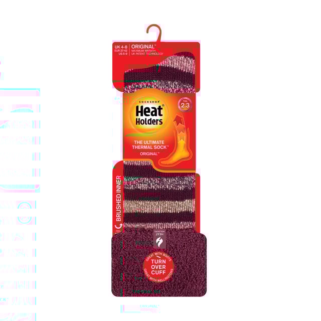 Calcetines térmicos para mujer Cosy Cuff Boot Socks: Heat Holders son simplemente los calcetines y accesorios térmicos más cálidos que puedes comprar. Empezaron en 2008 con la visión de crear el calcetín térmico definitivo, más cálido que cualquier otro del mercado. Mantén las piernas y los pies calientes con estos calcetines de bota con puño giratorio. Si tienes las piernas y los pies fríos en invierno, estos calcetines más largos tienen un forro térmico más grueso que te mantendrá caliente durante más tiempo. Fabricados con Heat Holders Brushing, su proceso de cepillado experto maximiza la cantidad de aire caliente que se mantiene en el interior de cada calcetín para ofrecer una calidez insuperable y comodidad durante todo el día. También presentan un alto índice de 2,3 tog gracias a la innovadora tecnología de punto de Heat Holders, que utiliza un pelo acolchado de bucle largo PATENTADO en el Reino Unido. Combina estos calcetines largos con cualquier par de botas, tanto si sales de excursión como si quieres lucir estos calcetines a rayas, ¡quedarán impresionantes con unos botines bajos! . Estos calcetines están disponibles en las tallas para mujer 4-8 UK, 37-42 EU, 5-9 US. Detalles adicionales del producto: - Calcetines térmicos para mujer - Calcetines térmicos oficiales - Hilo térmico - Puño giratorio - Cepillado térmico - Forro térmico grueso - Rayas de colores y diseños - Alto Tog - Diseño a rayas - Rayas azul marino y rosa - Tallas 4-8 UK, 37-42 EU, 5-9 US