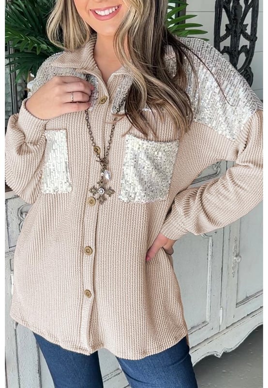 Prendas de abrigo femeninas elegantes y casuales  
Parches de lentejuelas añaden brillo a la camisa abrigo  
El diseño del bolsillo en el pecho realza su estilo y sentido de la moda  
La tela acanalada es cómoda y duradera  
Disponible en diferentes tamaños según la tabla de tallas proporcionada  
Material: 75% poliéster, 20% viscosa, 5% elastano
