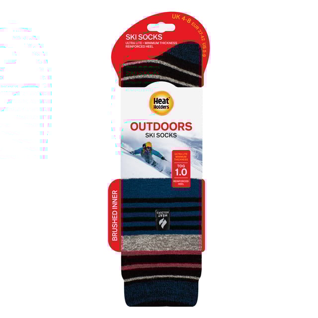 Ladies Heat Holders Ultra Lite Ski Socks: When thinking of the best gear for your skiing holiday, practicality and comfort must be a top priority. That's why these Heat Holders Ultra Lite Ski Socks are a perfect choice if you want to keep yourself protected and warm but able to fit your sock into your boots properly!. These ultra lite socks are perfect for tighter fitting shoes, meaning they make great dress socks in the winter months, fitting in any sort of shoe and providing Heat Holders known warmth with a 1.0 Tog rating. Main Features Heat Holders Yarn - Our advanced Japanese designed thermal yarn provides high performance insulation against cold, with superior moisture breathing abilities and softness. Heat Holders Loops - Our Innovative knitting technology produces our unique, short looped cushion pile to hold in more warm air, increasing the TOG rating. Heat Holders Brushing - Our expert brushing process maximises the amount of warm. TOG Rating - These socks are scientifically tested to be 3X Warmer than a basic cotton sock as well as not being as thick and bulky as the original Heat Holders Sock, with a TOG rating of 1.04. Extra Product Details: Heat Holders Ultra Lite Ski Socks Less bulky Than Original Heat Holders 1.04 Tog Rating 3X Warmer Than A Basic Cotton Sock Size 4-8 UK Reinforced Heel 6 Styles Available 89% Acrylic, 10% Polyamide, 1% Elastane Machine Washable