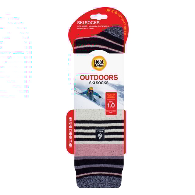 Ladies Heat Holders Ultra Lite Ski Socks: When thinking of the best gear for your skiing holiday, practicality and comfort must be a top priority. That's why these Heat Holders Ultra Lite Ski Socks are a perfect choice if you want to keep yourself protected and warm but able to fit your sock into your boots properly!. These ultra lite socks are perfect for tighter fitting shoes, meaning they make great dress socks in the winter months, fitting in any sort of shoe and providing Heat Holders known warmth with a 1.0 Tog rating. Main Features Heat Holders Yarn - Our advanced Japanese designed thermal yarn provides high performance insulation against cold, with superior moisture breathing abilities and softness. Heat Holders Loops - Our Innovative knitting technology produces our unique, short looped cushion pile to hold in more warm air, increasing the TOG rating. Heat Holders Brushing - Our expert brushing process maximises the amount of warm. TOG Rating - These socks are scientifically tested to be 3X Warmer than a basic cotton sock as well as not being as thick and bulky as the original Heat Holders Sock, with a TOG rating of 1.04. Extra Product Details: Heat Holders Ultra Lite Ski Socks Less bulky Than Original Heat Holders 1.04 Tog Rating 3X Warmer Than A Basic Cotton Sock Size 4-8 UK Reinforced Heel 6 Styles Available 89% Acrylic, 10% Polyamide, 1% Elastane Machine Washable
