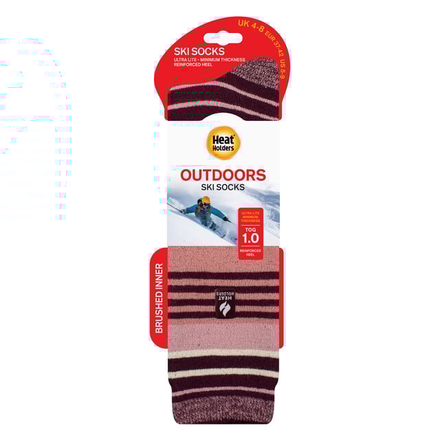 Ladies Heat Holders Ultra Lite Ski Socks: When thinking of the best gear for your skiing holiday, practicality and comfort must be a top priority. That's why these Heat Holders Ultra Lite Ski Socks are a perfect choice if you want to keep yourself protected and warm but able to fit your sock into your boots properly!. These ultra lite socks are perfect for tighter fitting shoes, meaning they make great dress socks in the winter months, fitting in any sort of shoe and providing Heat Holders known warmth with a 1.0 Tog rating. Main Features Heat Holders Yarn - Our advanced Japanese designed thermal yarn provides high performance insulation against cold, with superior moisture breathing abilities and softness. Heat Holders Loops - Our Innovative knitting technology produces our unique, short looped cushion pile to hold in more warm air, increasing the TOG rating. Heat Holders Brushing - Our expert brushing process maximises the amount of warm. TOG Rating - These socks are scientifically tested to be 3X Warmer than a basic cotton sock as well as not being as thick and bulky as the original Heat Holders Sock, with a TOG rating of 1.04. Extra Product Details: Heat Holders Ultra Lite Ski Socks Less bulky Than Original Heat Holders 1.04 Tog Rating 3X Warmer Than A Basic Cotton Sock Size 4-8 UK Reinforced Heel 6 Styles Available 89% Acrylic, 10% Polyamide, 1% Elastane Machine Washable