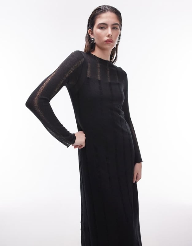 knee length dresses for ladies TOPSHOP Delilah Long Sleeve Maxi Dress, Black